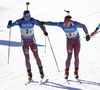 Anton Shipulin of Russia (L) and Matvey Eliseev of Russia (R) during the men relay race of IBU Biathlon World Cup in Pokljuka, Slovenia. Men relay race of IBU Biathlon World cup was held in Pokljuka, Slovenia, on Sunday, 11th of December 2016.
