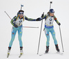 Olena Pidhrushna of Ukraine (L) and Anastasiya Merkushyna of Ukraine (R) during the women relay race of IBU Biathlon World Cup in Pokljuka, Slovenia. Women relay race of IBU Biathlon World cup was held in Pokljuka, Slovenia, on Sunday, 11th of December 2016.
