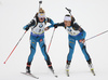 Marie Dorin Habert of France (L) and Celia Aymonier of France (R) during the women relay race of IBU Biathlon World Cup in Pokljuka, Slovenia. Women relay race of IBU Biathlon World cup was held in Pokljuka, Slovenia, on Sunday, 11th of December 2016.
