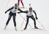 Lena Haecki of Switzerland (L) and Elisa Gasparin of Switzerland (R) during the women relay race of IBU Biathlon World Cup in Pokljuka, Slovenia. Women relay race of IBU Biathlon World cup was held in Pokljuka, Slovenia, on Sunday, 11th of December 2016.
