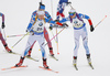 Auli Kiskola of Finland (L) and Mari Laukkanen of Finland (R) during the women relay race of IBU Biathlon World Cup in Pokljuka, Slovenia. Women relay race of IBU Biathlon World cup was held in Pokljuka, Slovenia, on Sunday, 11th of December 2016.
