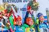 Silver Medalist Gabriela Koukalova of Czech Republic Winner and 3rd time World Champion Laura Dahlmeier of Germany and Bronze Medalist Alexia Runggaldier of Italy during Flower Ceremony of the individual women Race the IBU Biathlon World Championships at the Biathlonarena in Hochfilzen, Austria on 2017/02/15.
