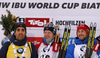 Winner Johannes Thingnes Boe of Norway (M), second placed Martin Fourcade of France (L) and third placed Jakov Fak of Slovenia (R) celebrate their medals won in the men 10km sprint race of IBU Biathlon World Cup in Hochfilzen, Austria.  Men 10km sprint race of IBU Biathlon World cup was held in Hochfilzen, Austria, on Friday, 8th of December 2017.
