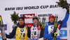 Winner Johannes Thingnes Boe of Norway (M), second placed Martin Fourcade of France (L) and third placed Jakov Fak of Slovenia (R) celebrate their medals won in the men 10km sprint race of IBU Biathlon World Cup in Hochfilzen, Austria.  Men 10km sprint race of IBU Biathlon World cup was held in Hochfilzen, Austria, on Friday, 8th of December 2017.
