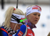 Mari Laukkanen (L) and Kaisa Makarainen of Finland during the zeroing before the women 7.5km sprint race of IBU Biathlon World Cup in Hochfilzen, Austria.  Women 7.5km sprint race of IBU Biathlon World cup was held in Hochfilzen, Austria, on Friday, 8th of December 2017.
