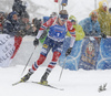 Johannes Thignes Boe of Norway during the men 12.5km pursuit race of IBU Biathlon World Cup in Hochfilzen, Austria.  Men 12.5km pursuit race of IBU Biathlon World cup was held in Hochfilzen, Austria, on Saturday, 9th of December 2017.
