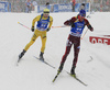 Jesper Nelin of Sweden (L) during the men 12.5km pursuit race of IBU Biathlon World Cup in Hochfilzen, Austria.  Men 12.5km pursuit race of IBU Biathlon World cup was held in Hochfilzen, Austria, on Saturday, 9th of December 2017.
