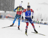 Johannes Thignes Boe of Norway and Martin Fourcade of France during the men 12.5km pursuit race of IBU Biathlon World Cup in Hochfilzen, Austria.  Men 12.5km pursuit race of IBU Biathlon World cup was held in Hochfilzen, Austria, on Saturday, 9th of December 2017.
