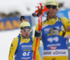 Jesper Nelin of Sweden (L) and Fredrik Lindstroem of Sweden in finish of the men 12.5km pursuit race of IBU Biathlon World Cup in Hochfilzen, Austria.  Men 12.5km pursuit race of IBU Biathlon World cup was held in Hochfilzen, Austria, on Saturday, 9th of December 2017.
