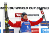 Winner Johannes Thingnes Boe of Norway celebrate his medal won in the men 12.5km pursuit race of IBU Biathlon World Cup in Hochfilzen, Austria.  Men 12.5km pursuit race of IBU Biathlon World cup was held in Hochfilzen, Austria, on Saturday, 9th of December 2017.
