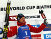 Winner Johannes Thingnes Boe of Norway celebrate his medal won in the men 12.5km pursuit race of IBU Biathlon World Cup in Hochfilzen, Austria.  Men 12.5km pursuit race of IBU Biathlon World cup was held in Hochfilzen, Austria, on Saturday, 9th of December 2017.
