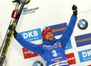 Second placed Fakov Fak of Slovenia celebrates his medal won in the men 12.5km pursuit race of IBU Biathlon World Cup in Hochfilzen, Austria.  Men 12.5km pursuit race of IBU Biathlon World cup was held in Hochfilzen, Austria, on Saturday, 9th of December 2017.
