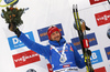 Second placed Fakov Fak of Slovenia celebrates his medal won in the men 12.5km pursuit race of IBU Biathlon World Cup in Hochfilzen, Austria.  Men 12.5km pursuit race of IBU Biathlon World cup was held in Hochfilzen, Austria, on Saturday, 9th of December 2017.
