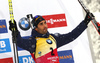 Third placed Martin Fourcade of France celebrates his medal won in the men 12.5km pursuit race of IBU Biathlon World Cup in Hochfilzen, Austria.  Men 12.5km pursuit race of IBU Biathlon World cup was held in Hochfilzen, Austria, on Saturday, 9th of December 2017
