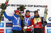 Jake Fak of Slovenia (L), winner Johannes Thingnes Boe of Norway (M) and Martin Fourcade of France (R) celebrate their medals won in the men 12.5km pursuit race of IBU Biathlon World Cup in Hochfilzen, Austria.  Men 12.5km pursuit race of IBU Biathlon World cup was held in Hochfilzen, Austria, on Saturday, 9th of December 2017.
