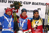 Jake Fak of Slovenia (L), winner Johannes Thingnes Boe of Norway (M) and Martin Fourcade of France (R) celebrate their medals won in the men 12.5km pursuit race of IBU Biathlon World Cup in Hochfilzen, Austria.  Men 12.5km pursuit race of IBU Biathlon World cup was held in Hochfilzen, Austria, on Saturday, 9th of December 2017.
