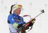 Third placed Darya Domracheva of Belarus during the women 10km pursuit race of IBU Biathlon World Cup in Hochfilzen, Austria.  Women 10km pursuit race of IBU Biathlon World cup was held in Hochfilzen, Austria, on Saturday, 9th of December 2017.
