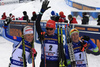 Second placed Kaisa Makarainen of Finland (L), winner Anastasiya Kuzmina of Slovakia (M) and third placed Darya Domracheva of Belarus (R) in finish of the women 10km pursuit race of IBU Biathlon World Cup in Hochfilzen, Austria.  Women 10km pursuit race of IBU Biathlon World cup was held in Hochfilzen, Austria, on Saturday, 9th of December 2017.
