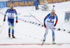 Darya Domracheva of Belarus (L) and Kaisa Makarainen of Finland (R)  during the women 10km pursuit race of IBU Biathlon World Cup in Hochfilzen, Austria.  Women 10km pursuit race of IBU Biathlon World cup was held in Hochfilzen, Austria, on Saturday, 9th of December 2017.
