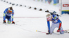 Darya Domracheva of Belarus (L) and Kaisa Makarainen of Finland (R)  in finish of the women 10km pursuit race of IBU Biathlon World Cup in Hochfilzen, Austria.  Women 10km pursuit race of IBU Biathlon World cup was held in Hochfilzen, Austria, on Saturday, 9th of December 2017.
