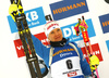 Kaisa Makarainen of Finland celebrates his medal won in women 10km pursuit race of IBU Biathlon World Cup in Hochfilzen, Austria.  Women 10km pursuit race of IBU Biathlon World cup was held in Hochfilzen, Austria, on Saturday, 9th of December 2017.
