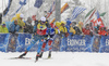 Martin Fourcade of France (front) and Johannes Thingnes Boe of Norway (back) during the men 12.5km pursuit race of IBU Biathlon World Cup in Hochfilzen, Austria.  Men 12.5km pursuit race of IBU Biathlon World cup was held in Hochfilzen, Austria, on Saturday, 9th of December 2017.
