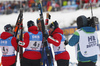 Winning team of Norway celebrating in finish of  the men relay race of IBU Biathlon World Cup in Hochfilzen, Austria.  Men relay race of IBU Biathlon World cup was held in Hochfilzen, Austria, on Sunday, 10th of December 2017.

