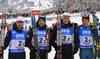 Third placed team of France with Jean Guillaume Beatrix (L), Simon Desthieux, Emilien Jacquelin andQuentin Fillon Maillet celebrating in finish of  the men relay race of IBU Biathlon World Cup in Hochfilzen, Austria.  Men relay race of IBU Biathlon World cup was held in Hochfilzen, Austria, on Sunday, 10th of December 2017.

