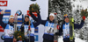 Third placed  team of France with Jean Guillaume Beatrix (L), Simon Desthieux, Emilien Jacquelin and Quentin Fillon Maillet celebrate their medals won in the men relay race of IBU Biathlon World Cup in Hochfilzen, Austria.  Men relay race of IBU Biathlon World cup was held in Hochfilzen, Austria, on Sunday, 10th of December 2017.

