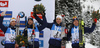 Third placed  team of France with Jean Guillaume Beatrix (L), Simon Desthieux, Emilien Jacquelin and Quentin Fillon Maillet celebrate their medals won in the men relay race of IBU Biathlon World Cup in Hochfilzen, Austria.  Men relay race of IBU Biathlon World cup was held in Hochfilzen, Austria, on Sunday, 10th of December 2017.
