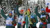 Second placed  team of Germany with Erik Lesser (L), Benedikt Doll, Arnd Peiffer and Simon Schempp   celebrate their medals won in the men relay race of IBU Biathlon World Cup in Hochfilzen, Austria.  Men relay race of IBU Biathlon World cup was held in Hochfilzen, Austria, on Sunday, 10th of December 2017.
