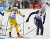 Linn Persson of Sweden (L) and Alina Raikova of Kazakhstan during the women relay race of IBU Biathlon World Cup in Hochfilzen, Austria.  Women relay race of IBU Biathlon World cup was held in Hochfilzen, Austria, on Sunday, 10th of December 2017.
