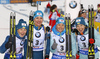 Second placed team of Ukraine with Vita Semerenko, Yuliia Dzhima, Valj Semerenko and Olena Pidhrushna celebrate their medals won in the women relay race of IBU Biathlon World Cup in Hochfilzen, Austria.  Women relay race of IBU Biathlon World cup was held in Hochfilzen, Austria, on Sunday, 10th of December 2017.
