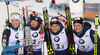 Third placed team of France with Marie Dorin Habert, Celia Aymonier, Justine Braisaz and Anais Bescond celebrate their medals won in the women relay race of IBU Biathlon World Cup in Hochfilzen, Austria.  Women relay race of IBU Biathlon World cup was held in Hochfilzen, Austria, on Sunday, 10th of December 2017.
