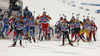 Biathletes  skiing during the single mixed relay race of IBU Biathlon World Cup in Pokljuka, Slovenia. Opening race of IBU Biathlon World cup 2018-2019, single mixed relay was held in Pokljuka, Slovenia, on Sunday, 2nd of December 2018.
