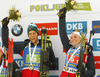 Winning team of Norway Lars Helge Birkeland of Norway and Thekla Brun-Lie of Norway  (R) celebrate their medals won in the mixed relay race of IBU Biathlon World Cup in Pokljuka, Slovenia. Opening race of IBU Biathlon World cup 2018-2019, single mixed relay was held in Pokljuka, Slovenia, on Sunday, 2nd of December 2018.
