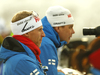 Coach of Finland Jonne Kahkonen (L) during zeroing before the start of the mixed relay race of IBU Biathlon World Cup in Pokljuka, Slovenia. Opening race of IBU Biathlon World cup 2018-2019, single mixed relay was held in Pokljuka, Slovenia, on Sunday, 2nd of December 2018.
