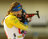 Emma Nilsson of Sweden during zeroing before the start of the mixed relay race of IBU Biathlon World Cup in Pokljuka, Slovenia. Opening race of IBU Biathlon World cup 2018-2019, single mixed relay was held in Pokljuka, Slovenia, on Sunday, 2nd of December 2018.
