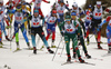 Biathletes  skiing during the mixed relay race of IBU Biathlon World Cup in Pokljuka, Slovenia. Opening race of IBU Biathlon World cup 2018-2019, single mixed relay was held in Pokljuka, Slovenia, on Sunday, 2nd of December 2018.
