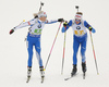 Kaisa Makarainen of Finland and Tero Seppala of Finland (R) skiing during the mixed relay race of IBU Biathlon World Cup in Pokljuka, Slovenia. Opening race of IBU Biathlon World cup 2018-2019, single mixed relay was held in Pokljuka, Slovenia, on Sunday, 2nd of December 2018.
