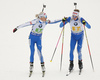 Kaisa Makarainen of Finland and Tero Seppala of Finland (R) skiing during the mixed relay race of IBU Biathlon World Cup in Pokljuka, Slovenia. Opening race of IBU Biathlon World cup 2018-2019, single mixed relay was held in Pokljuka, Slovenia, on Sunday, 2nd of December 2018.
