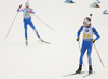 Kaisa Makarainen of Finland and Tero Seppala of Finland (R) skiing during the mixed relay race of IBU Biathlon World Cup in Pokljuka, Slovenia. Opening race of IBU Biathlon World cup 2018-2019, single mixed relay was held in Pokljuka, Slovenia, on Sunday, 2nd of December 2018.
