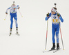 Kaisa Makarainen of Finland and Tero Seppala of Finland (R) skiing during the mixed relay race of IBU Biathlon World Cup in Pokljuka, Slovenia. Opening race of IBU Biathlon World cup 2018-2019, single mixed relay was held in Pokljuka, Slovenia, on Sunday, 2nd of December 2018.
