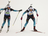 Justine Braisaz of France (L) and Martin Fourcade of France (R) skiing during the mixed relay race of IBU Biathlon World Cup in Pokljuka, Slovenia. Opening race of IBU Biathlon World cup 2018-2019, single mixed relay was held in Pokljuka, Slovenia, on Sunday, 2nd of December 2018.

