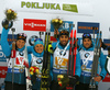 Winning team of France Anais Bescond, Justine Braisaz, Martin Fourcade and Simon Desthieux  celebrate their medals won in the mixed relay race of IBU Biathlon World Cup in Pokljuka, Slovenia. Opening race of IBU Biathlon World cup 2018-2019, single mixed relay was held in Pokljuka, Slovenia, on Sunday, 2nd of December 2018.
