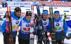 Winning team of France Martin Fourcade Anais Bescond,  Simon Desthieux  and Justine Braisaz celebrate their win  in the mixed relay race of IBU Biathlon World Cup in Pokljuka, Slovenia. Opening race of IBU Biathlon World cup 2018-2019, single mixed relay was held in Pokljuka, Slovenia, on Sunday, 2nd of December 2018.

