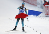 Simon Desthieux of France celebrates victory when crossing finish line of the mixed relay race of IBU Biathlon World Cup in Pokljuka, Slovenia. Opening race of IBU Biathlon World cup 2018-2019, single mixed relay was held in Pokljuka, Slovenia, on Sunday, 2nd of December 2018.
