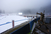 Conditions on foggy shooting place after cancelation of the men individual race of IBU Biathlon World Cup in Pokljuka, Slovenia. Men 20km individual race of IBU Biathlon World cup 2018-2019 should be held in Pokljuka, Slovenia, on Wednesday, 5th of December 2018.
