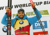 Winner Martin Fourcade of France  celebrates on the podium after the men individual race of IBU Biathlon World Cup in Pokljuka, Slovenia. Men 20km individual race of IBU Biathlon World cup 2018-2019 was held in Pokljuka, Slovenia, on Thursday, 6th of December 2018.
