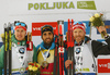 Winner Martin Fourcade of France (M), second placed Johannes Kuehn of Germany, (L) and and third placed Simon Eder of Austria (R) celebrate their medals won in the men individual race of IBU Biathlon World Cup in Pokljuka, Slovenia. Men 20km individual race of IBU Biathlon World cup 2018-2019 was held in Pokljuka, Slovenia, on Thursday, 6th of December 2018.
